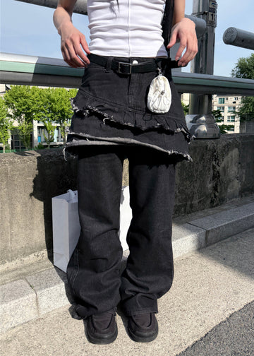 FRINGE DENIM SKIRT PANTS